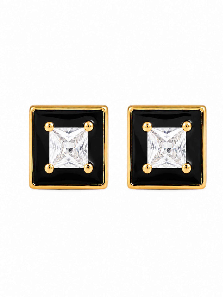 Pair of Leticia black enamel cubic zirconia stud earrings on white background