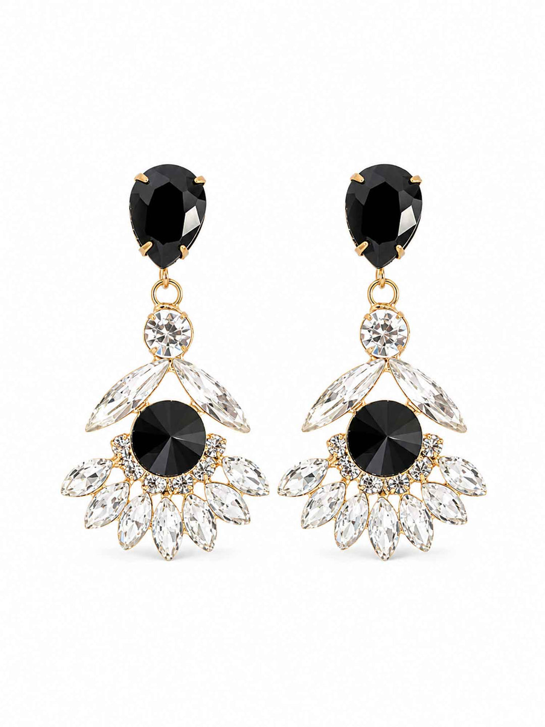 Pair of Maura black crystal fan drop earrings on white background