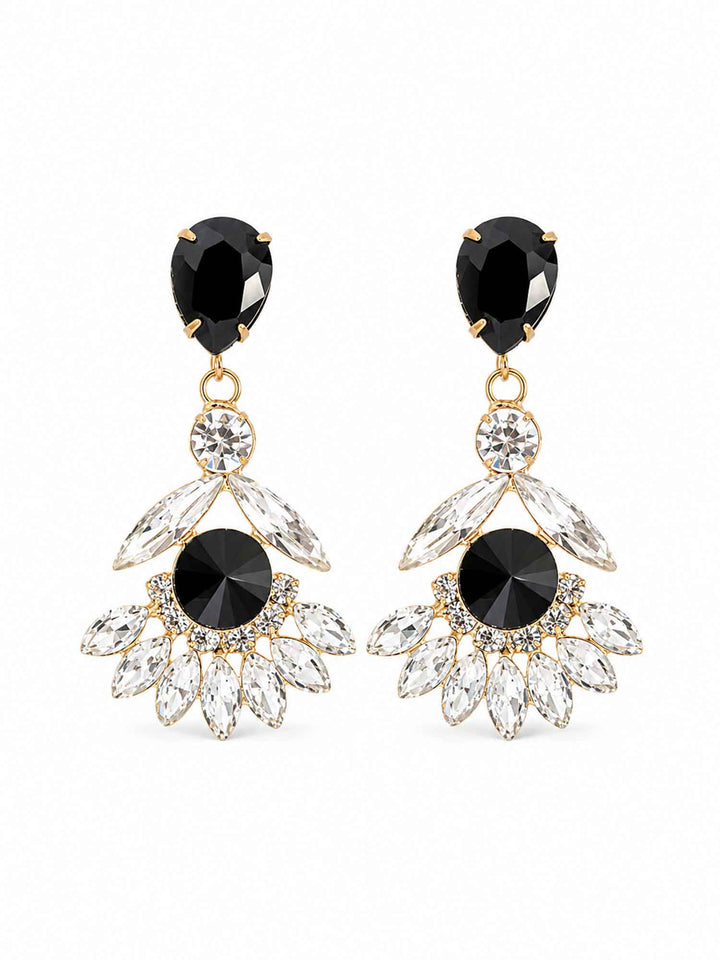 Pair of Maura black crystal fan drop earrings on white background