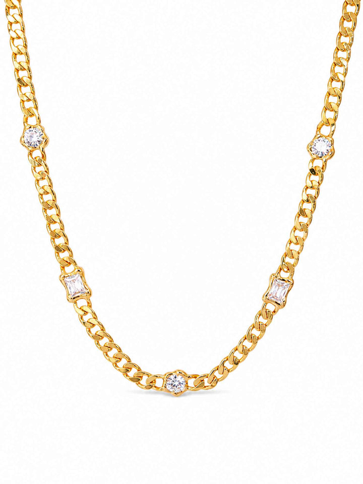 Mavia cubic zirconia gold chain necklace on white background