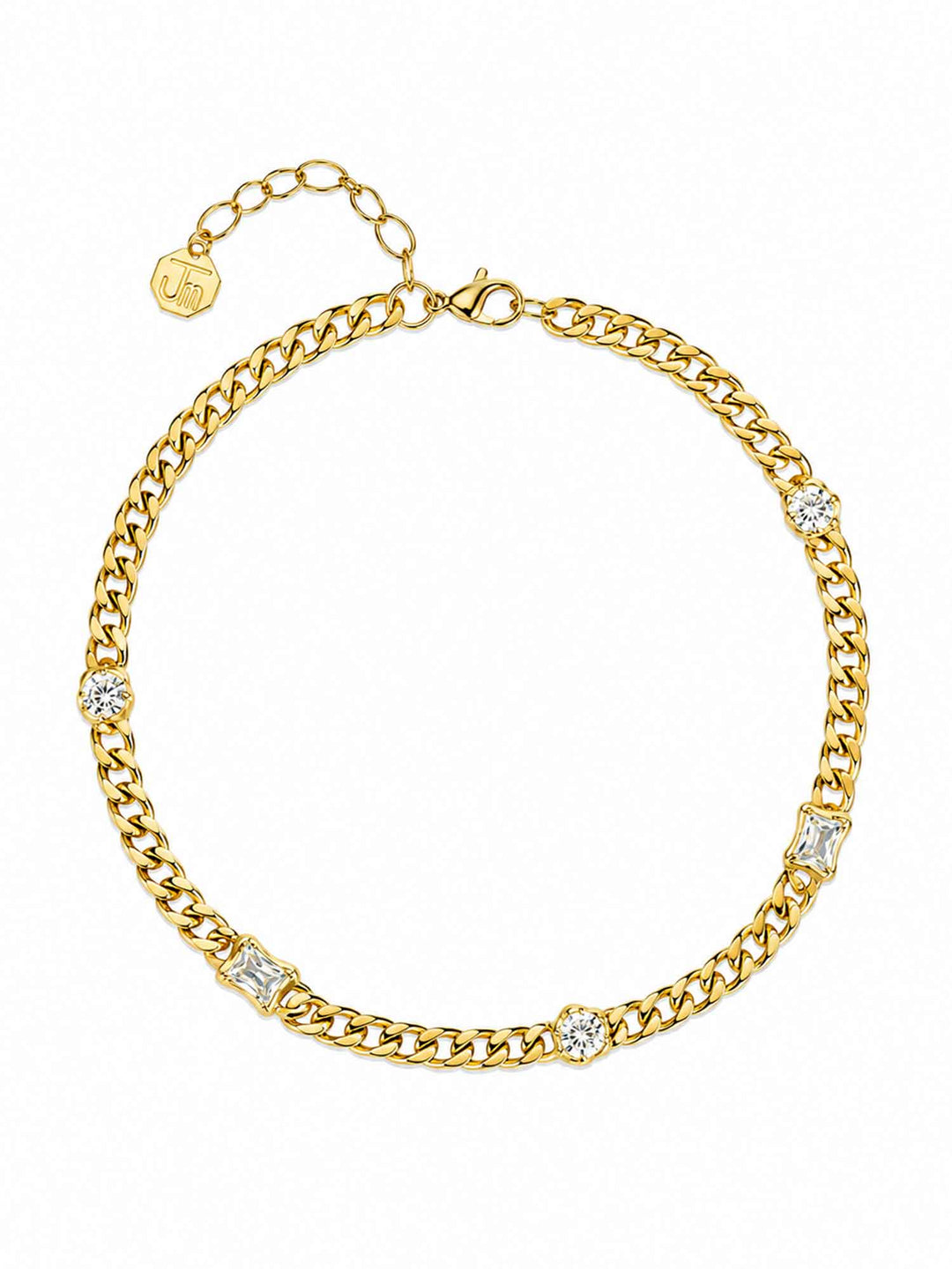 Full view of Mavia cubic zirconia gold chain necklace with adjustable chain