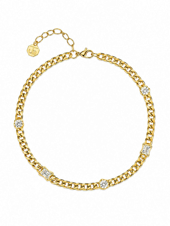 Full view of Mavia cubic zirconia gold chain necklace with adjustable chain