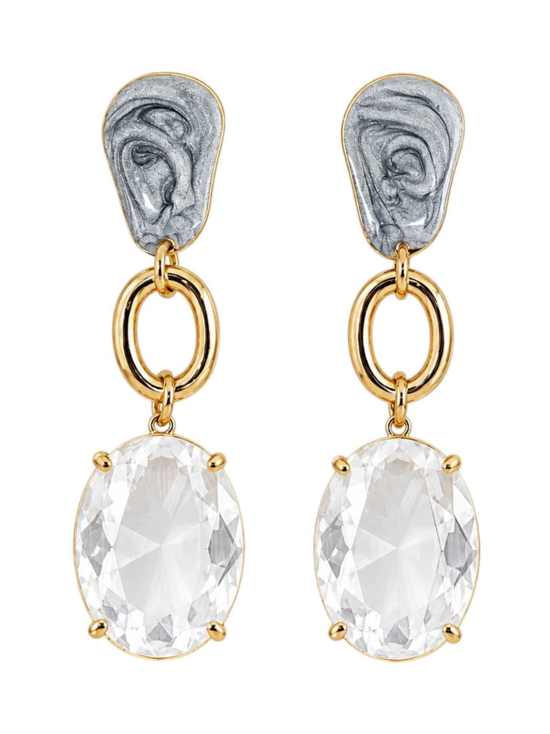 Pair of Meadow grey crystal drop earrings on white background