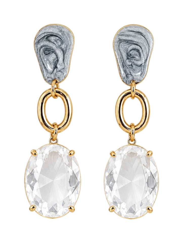 Pair of Meadow grey crystal drop earrings on white background