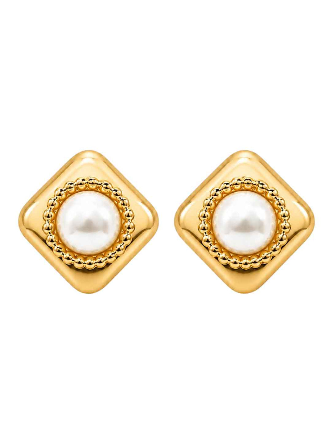 Side view of model wearing Melina acrylic pearl gold stud earrings