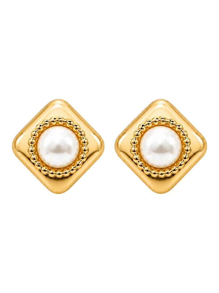 Side view of model wearing Melina acrylic pearl gold stud earrings