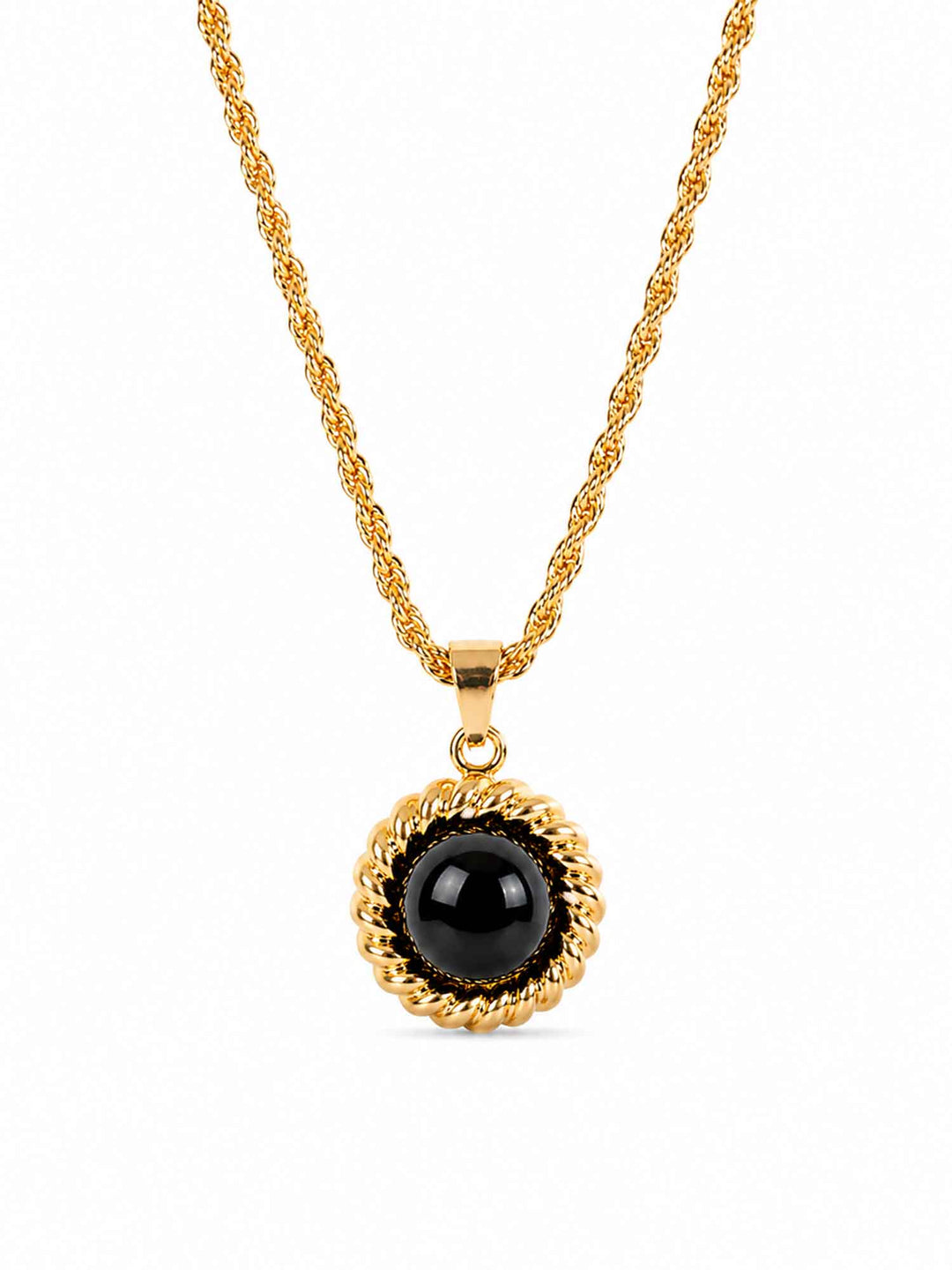 Melina black acrylic gold pendant necklace on white background