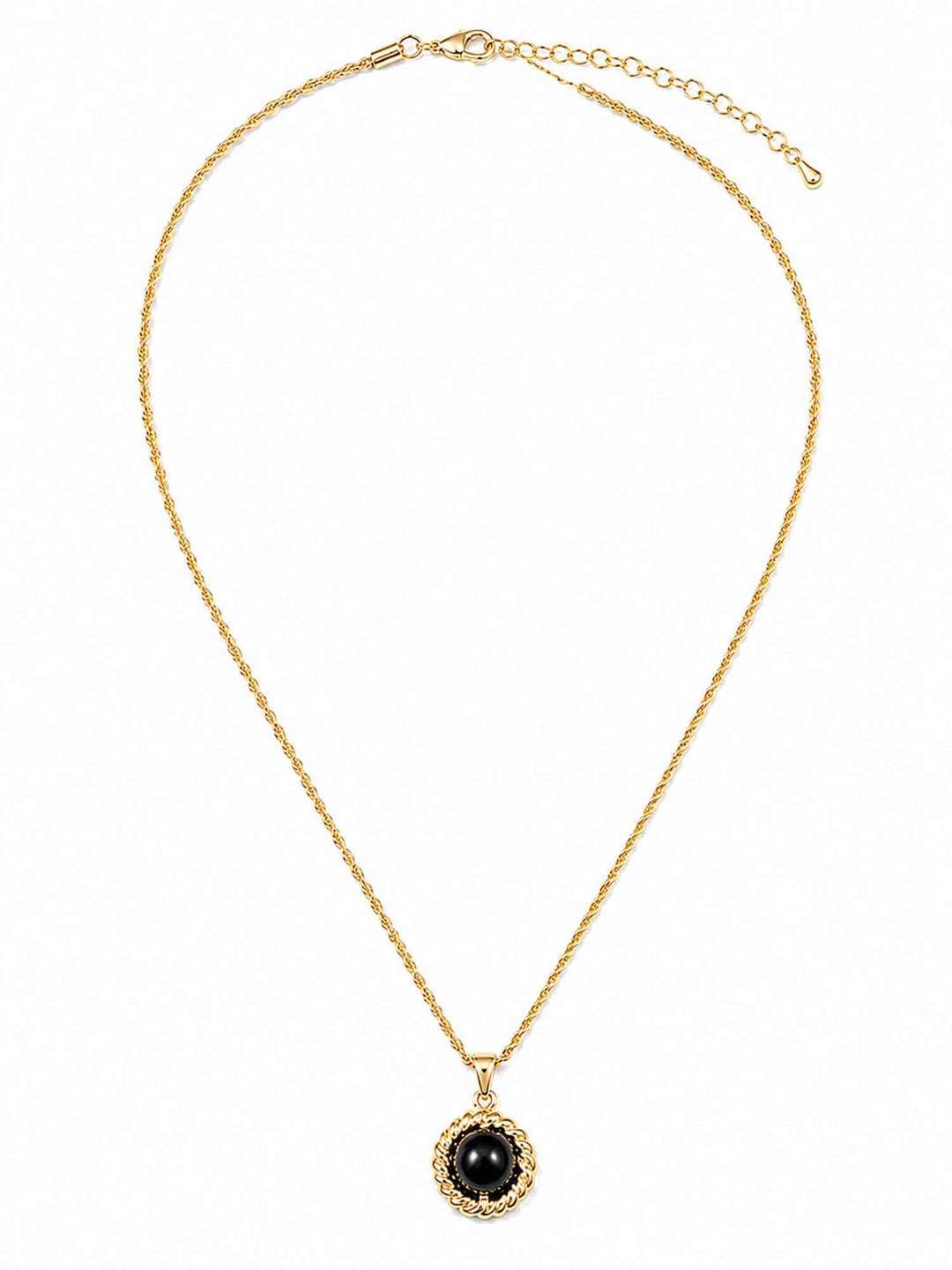 Full view of Melina black acrylic gold pendant necklace with adjustable chai
