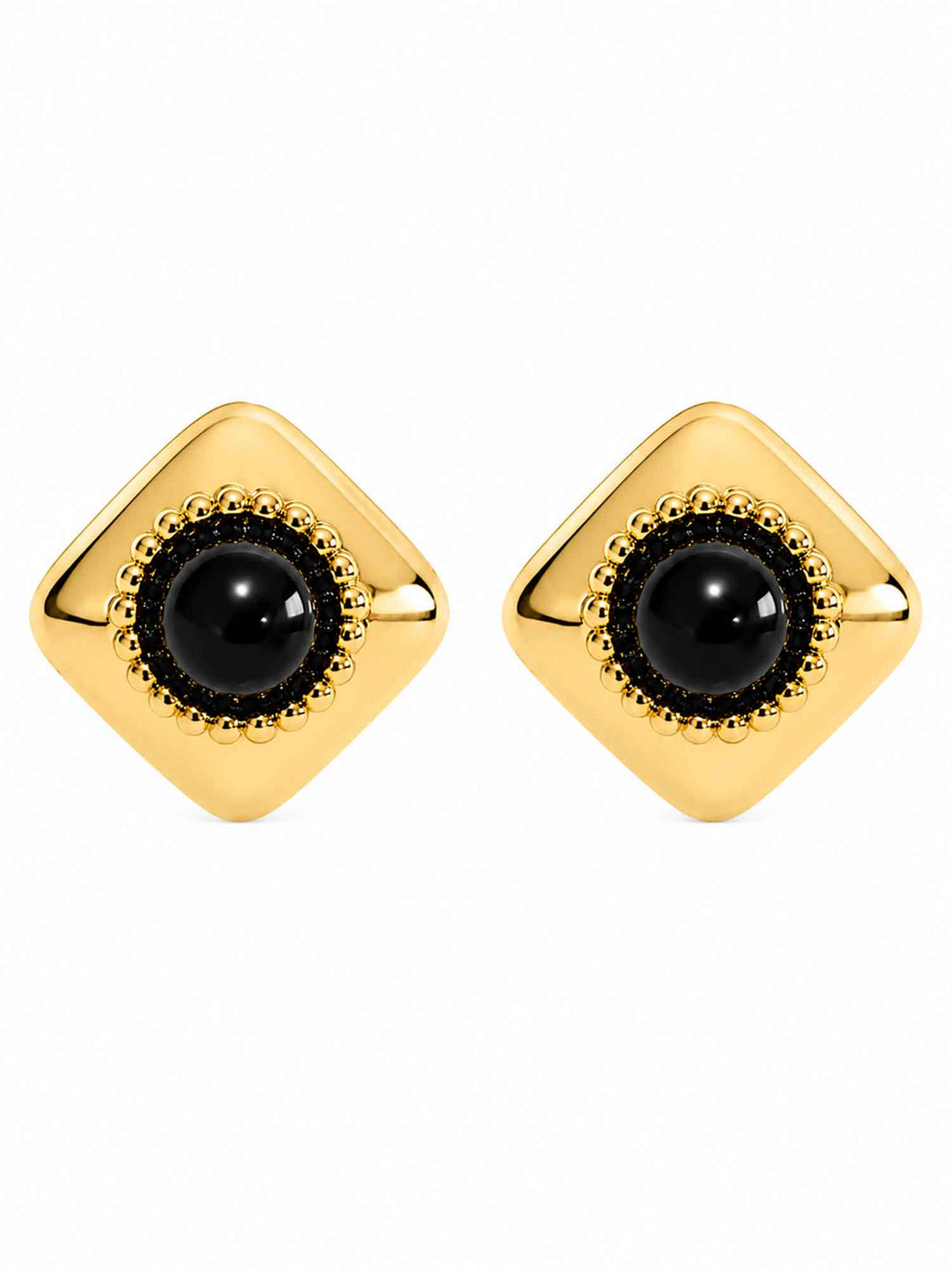 Pair of Melina Midnight black acrylic gold stud earrings on white background