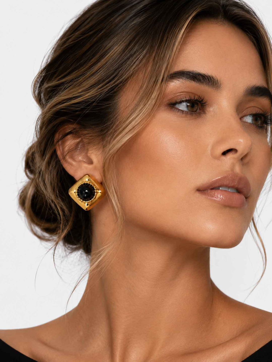 melina-midnight-black-acrylic-gold-stud-earrings-model-front