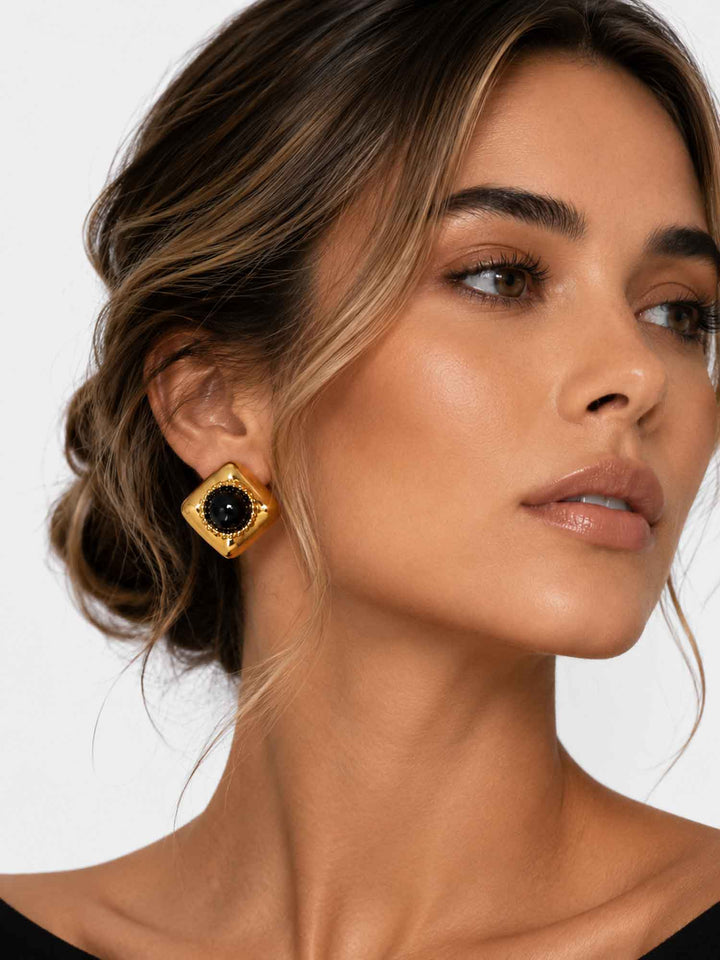 melina-midnight-black-acrylic-gold-stud-earrings-model-front