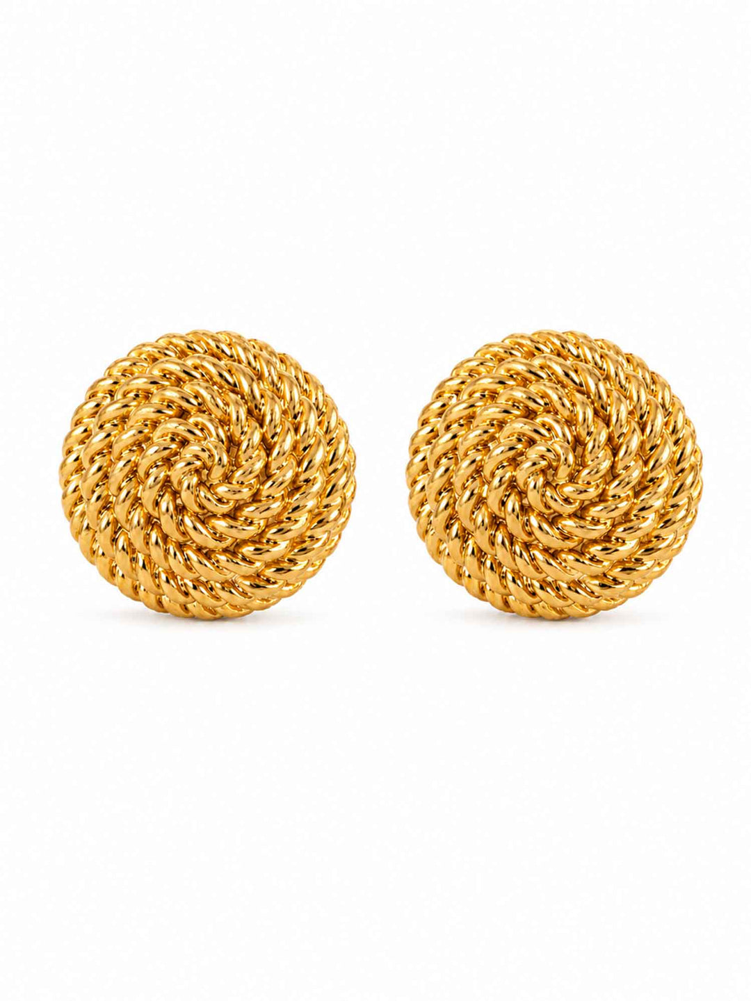 Pair of Misty round gold statement stud earrings on white background