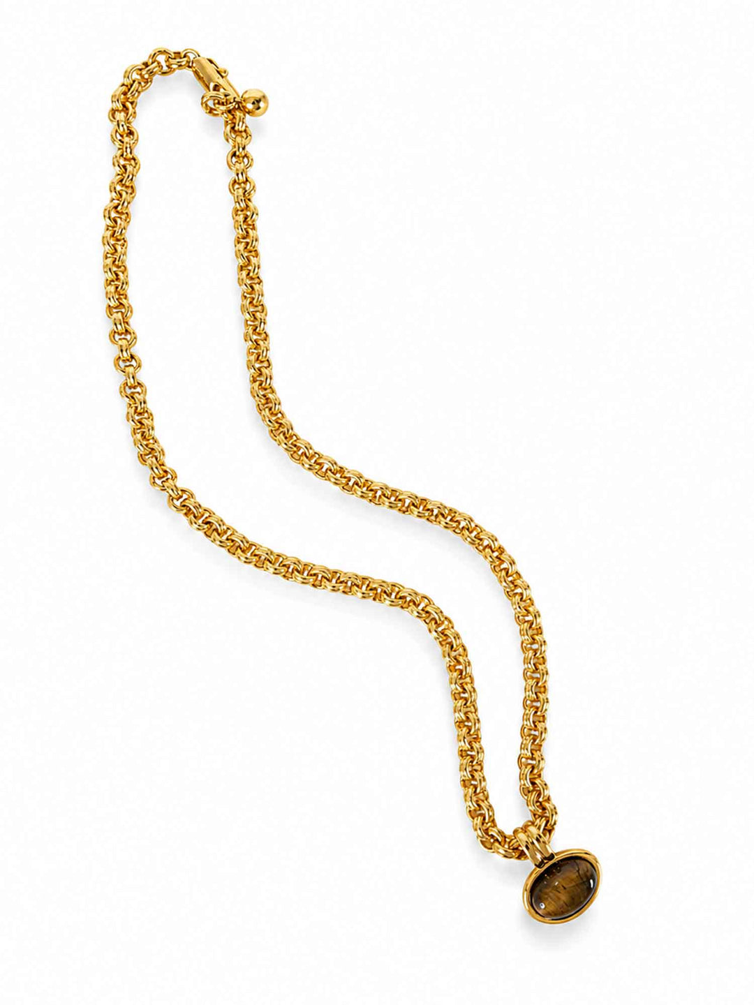 Full view of Night of Peace tiger eye gold pendant necklace with adjustable chain