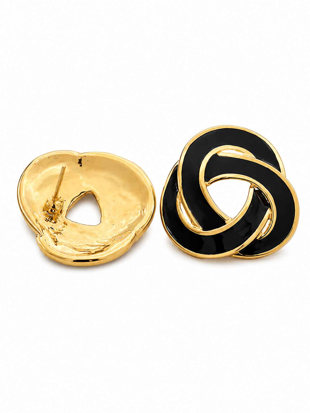 Back view of Nimah black enamel knot stud earrings with surgical-steel posts
