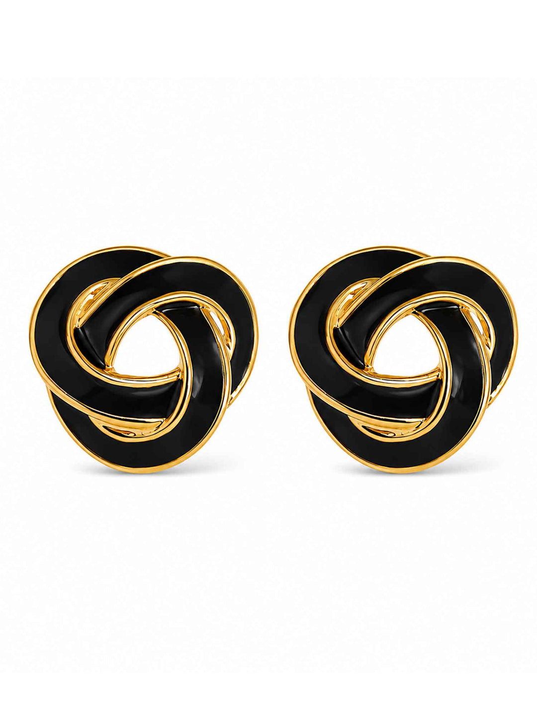 Pair of Nimah black enamel knot stud earrings on white background