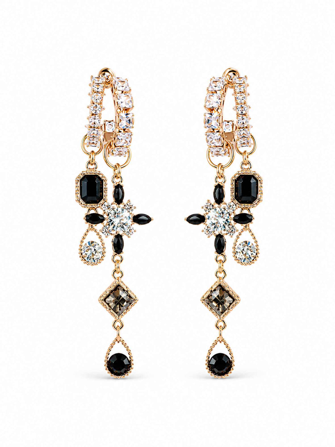 Pair of Oliviana black crystal chandelier earrings on white background
