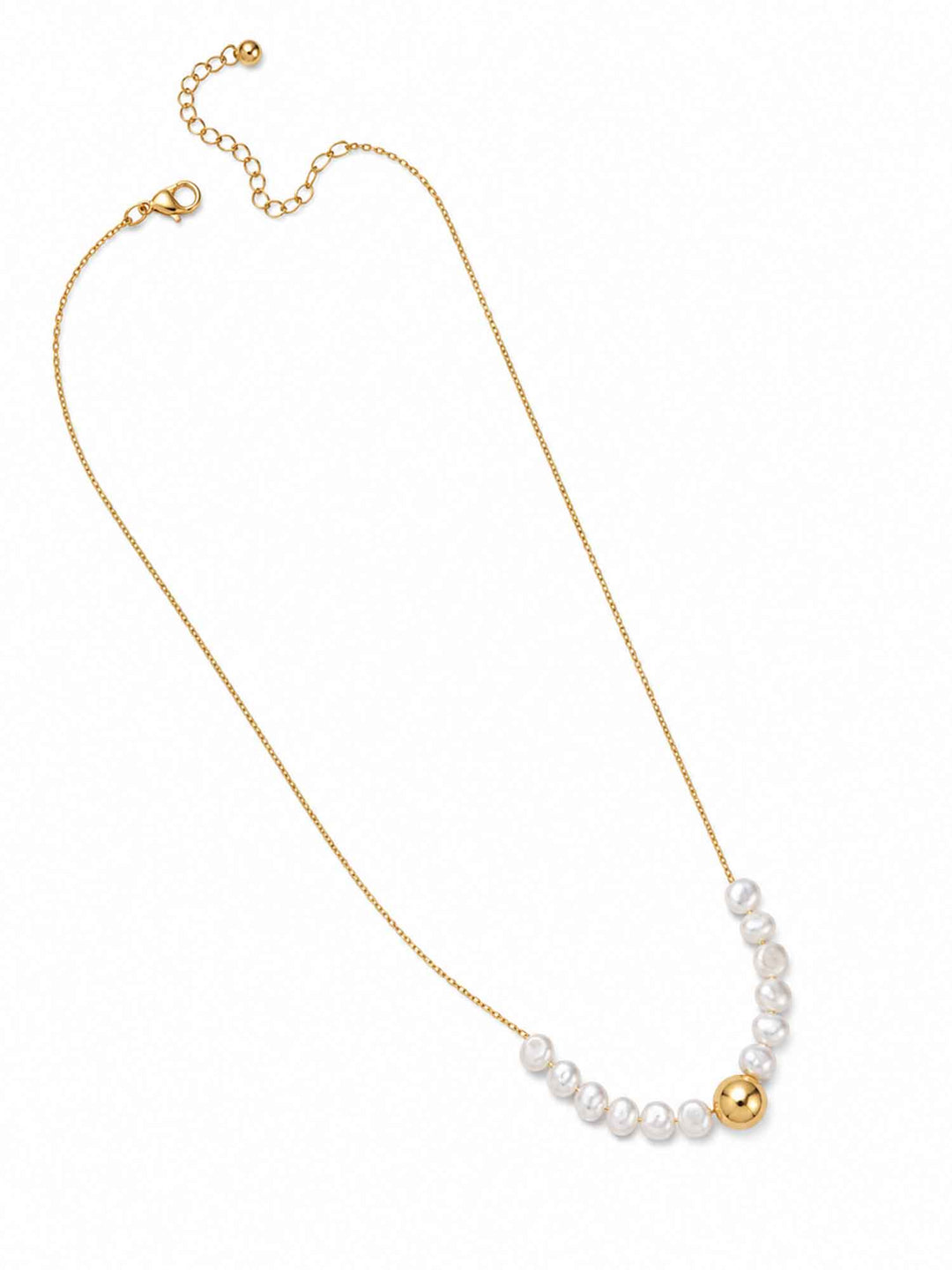 Back view of Petra freshwater pearl gold bead necklace with adjustable extension chain