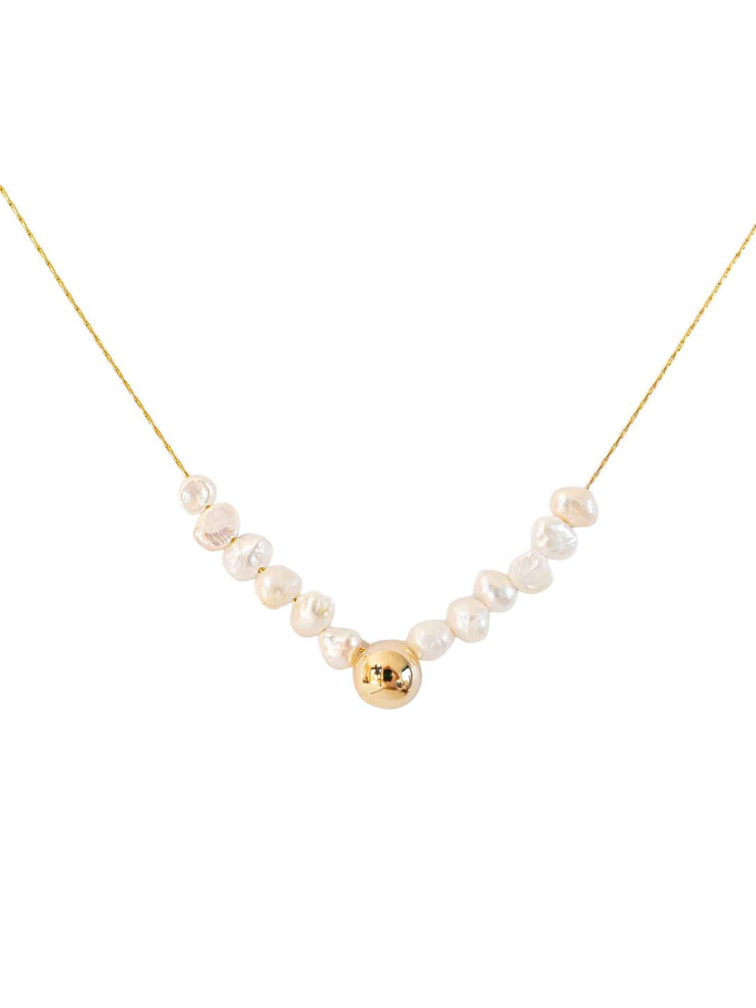 Petra freshwater pearl gold bead necklace on white background