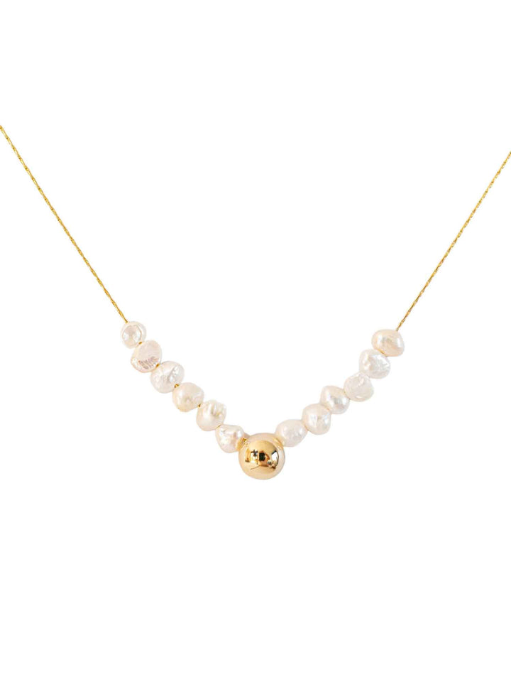 Petra freshwater pearl gold bead necklace on white background