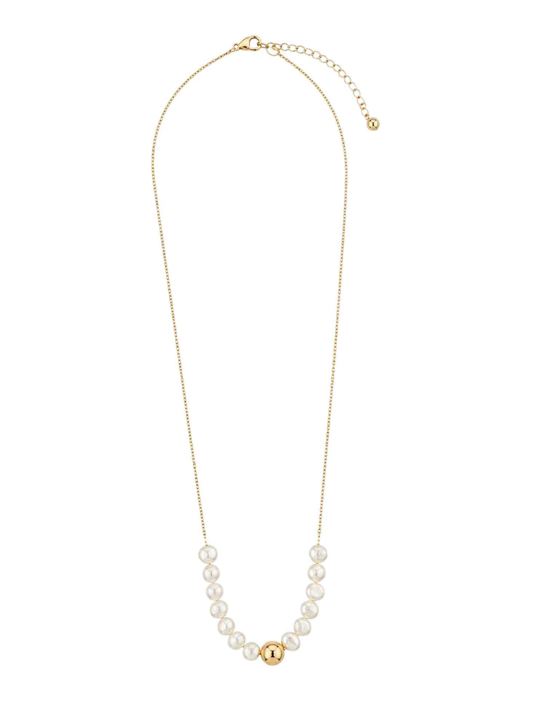 Full view of Petra freshwater pearl gold bead necklace with adjustable chain
