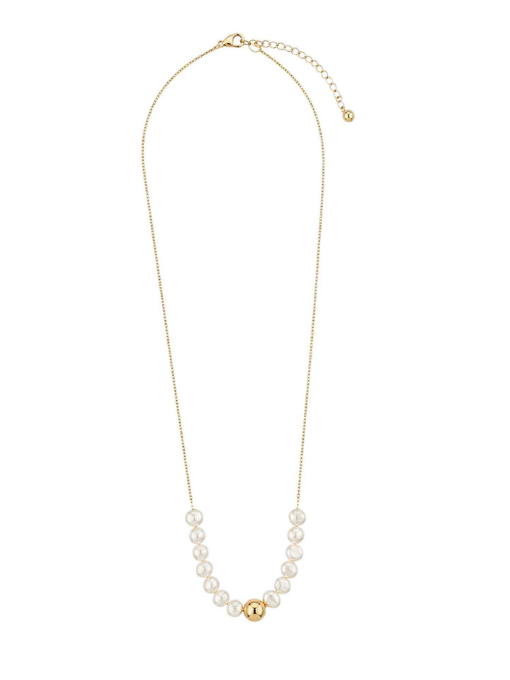 Full view of Petra freshwater pearl gold bead necklace with adjustable chain