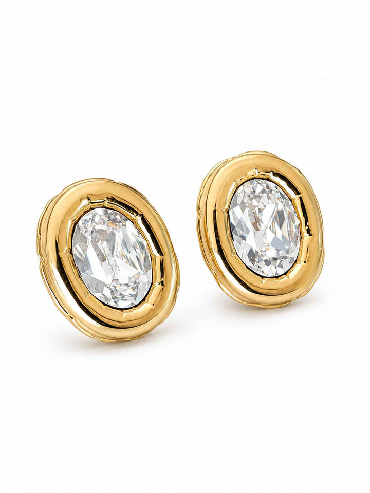 Back view of Sparkle oval crystal gold stud earrings with surgical-steel posts