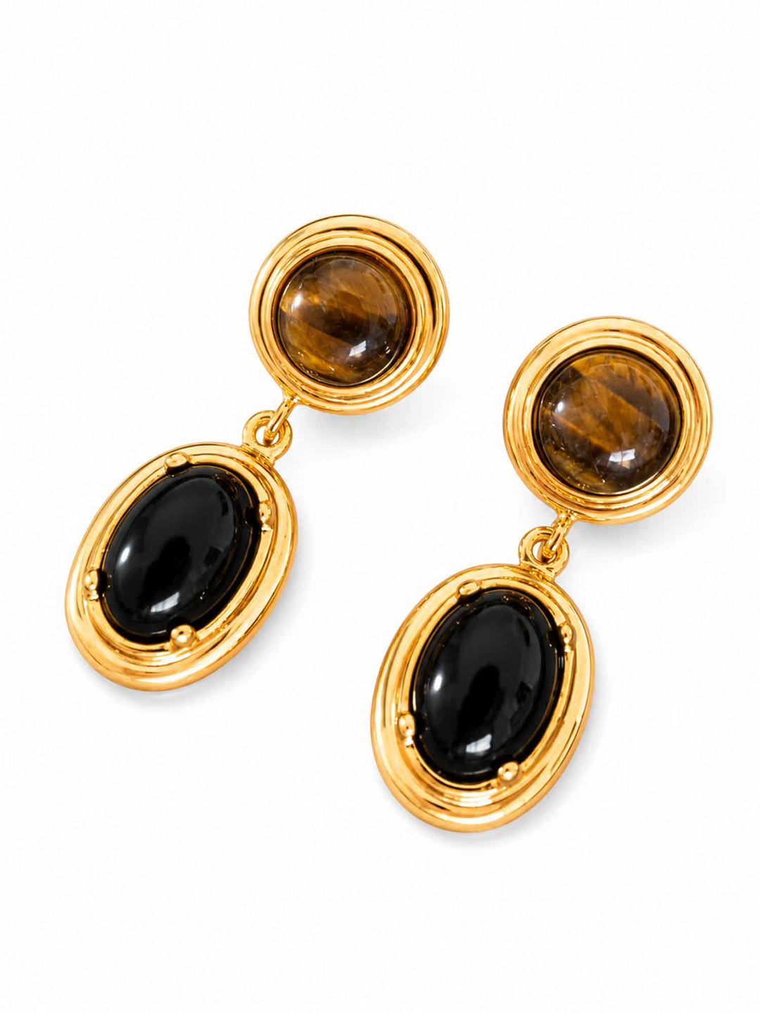 Front and back view of Spectral tiger eye and obsidian drop earrings