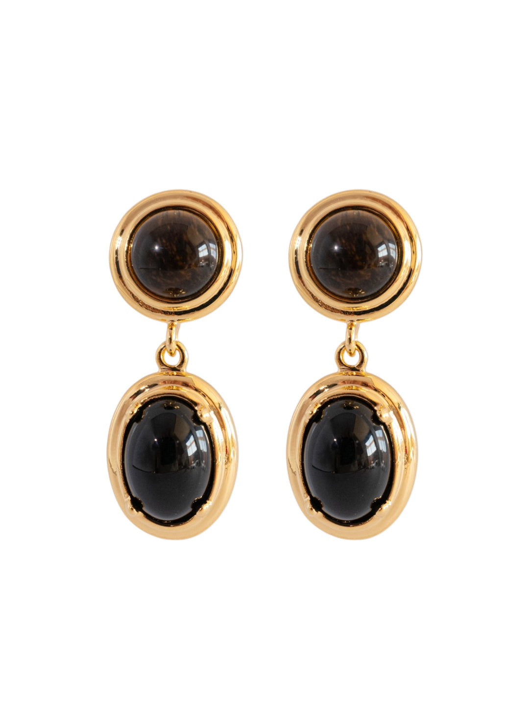 Pair of Spectral tiger eye and obsidian drop earrings on white background