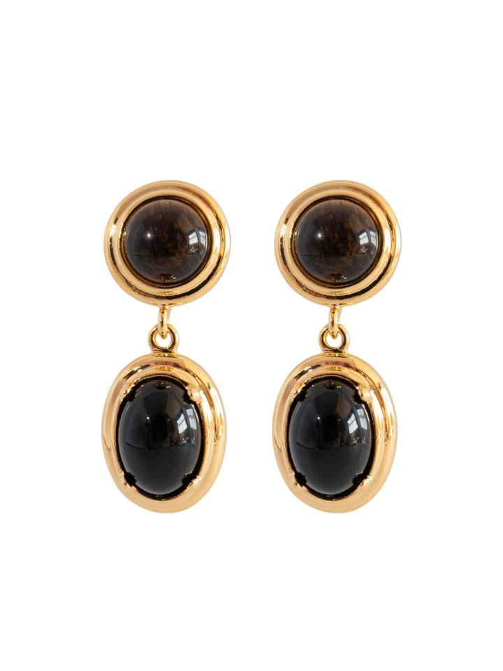 Pair of Spectral tiger eye and obsidian drop earrings on white background