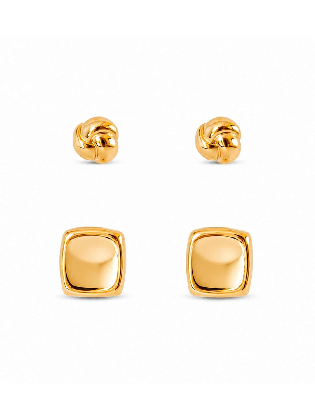 Square and knot gold cartilage earring set on white background