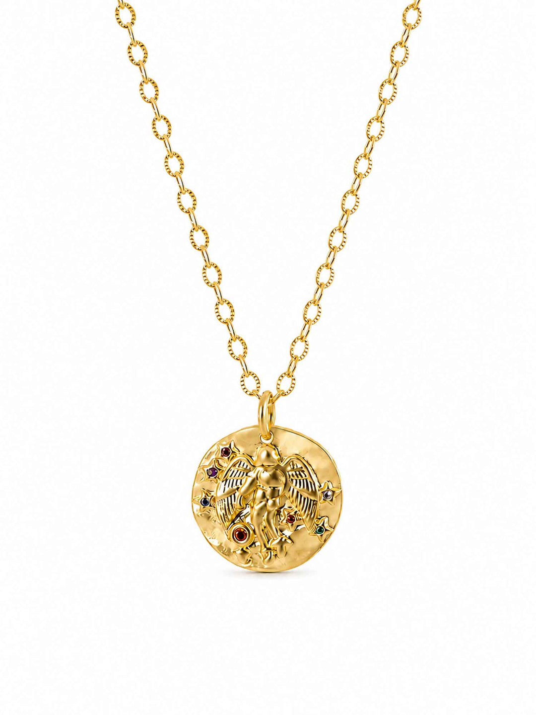 Detail view of Sydney angel medallion gold pendant necklace with crystal accents