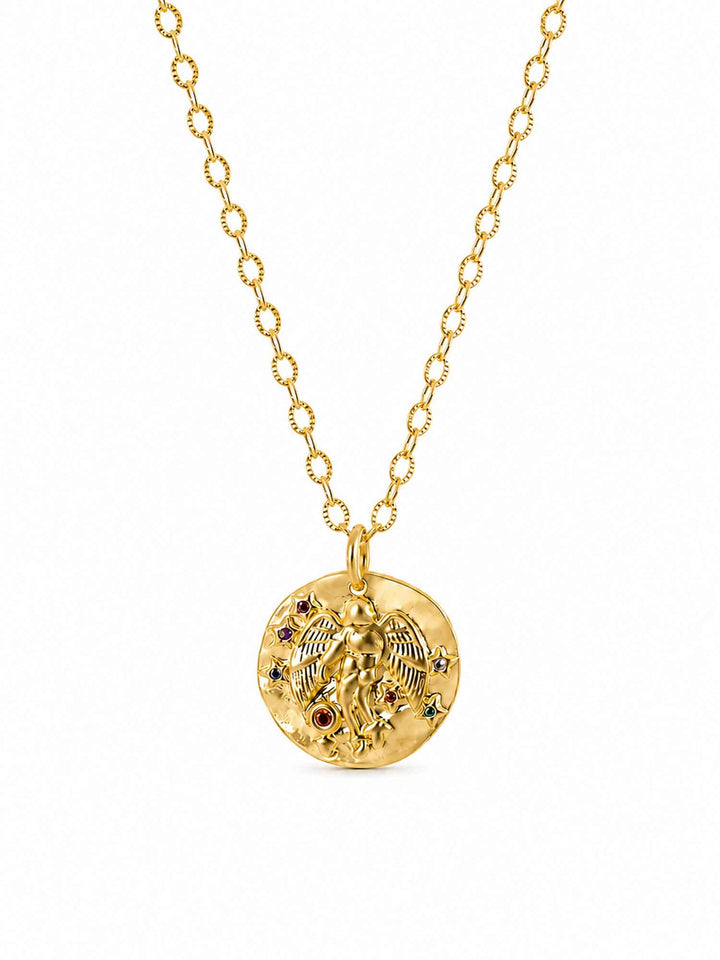 Detail view of Sydney angel medallion gold pendant necklace with crystal accents