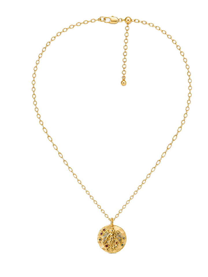 Full view of Sydney angel medallion gold pendant necklace with adjustable chain