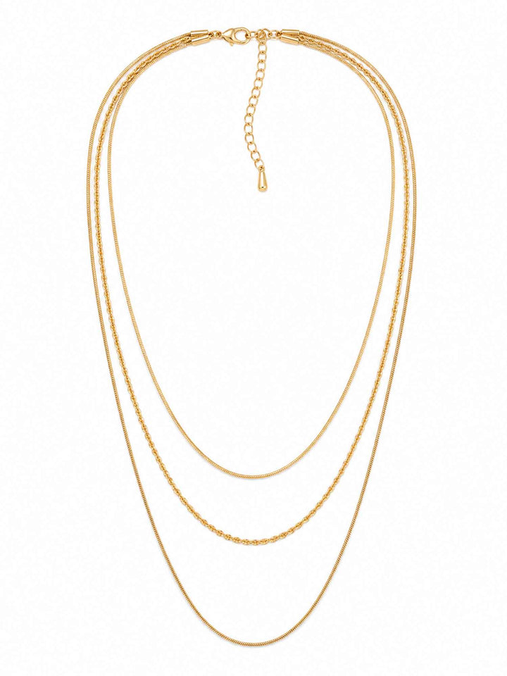 Full view of Thesira layered gold chain necklace with adjustable extension chain