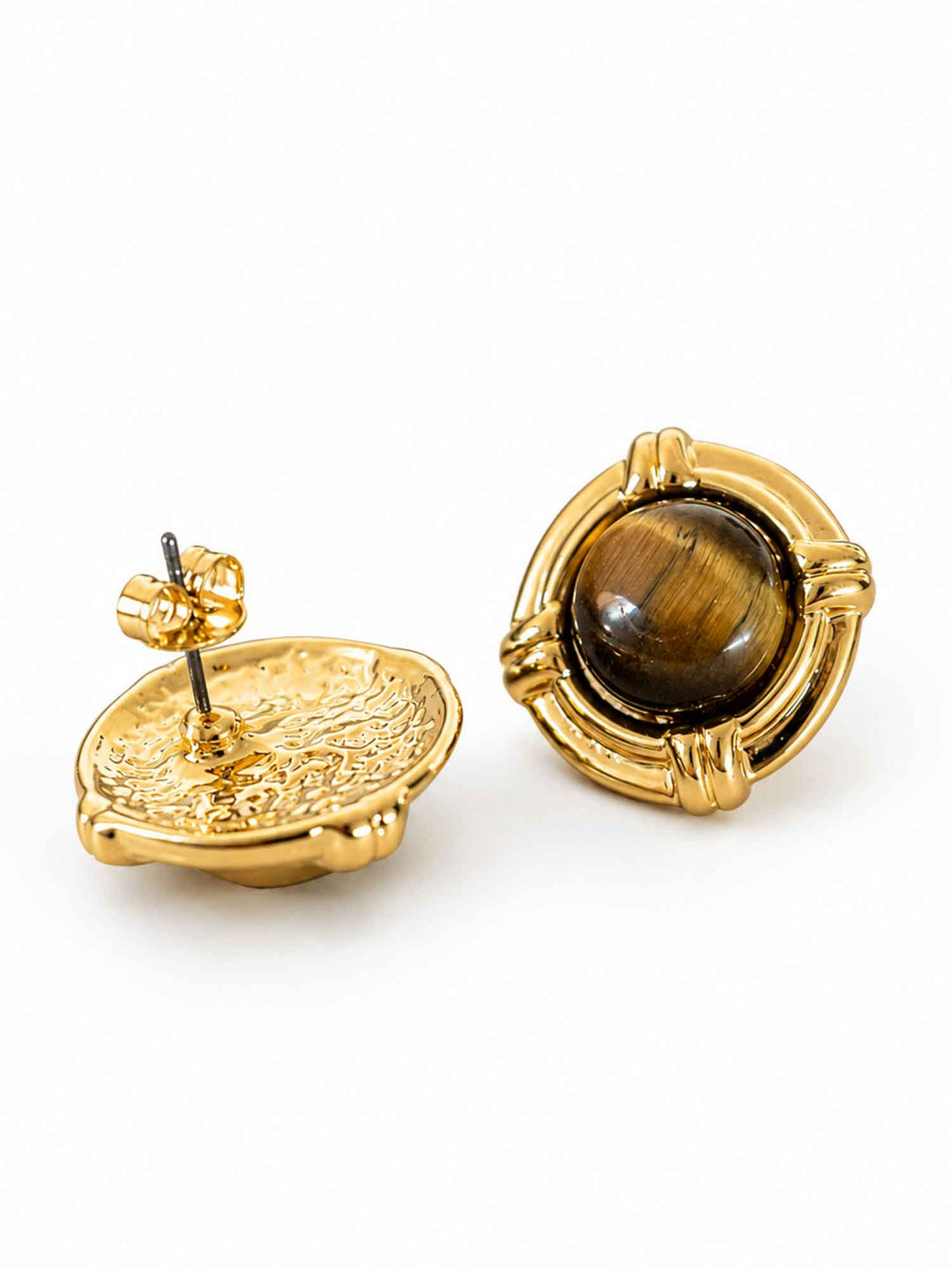 Back view of tiger eye stone gold stud earrings with surgical-steel posts