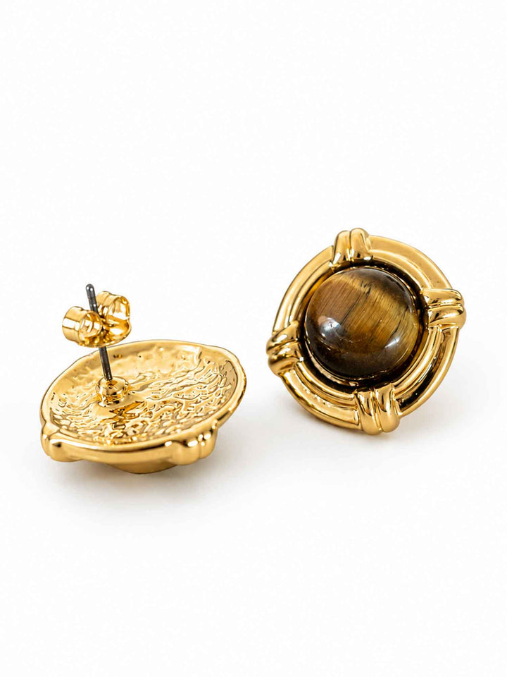 Back view of tiger eye stone gold stud earrings with surgical-steel posts