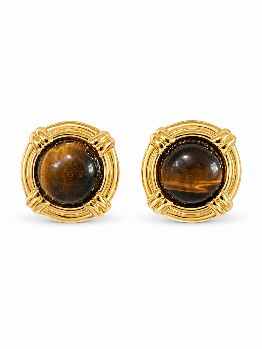 Pair of tiger eye stone gold stud earrings on white background