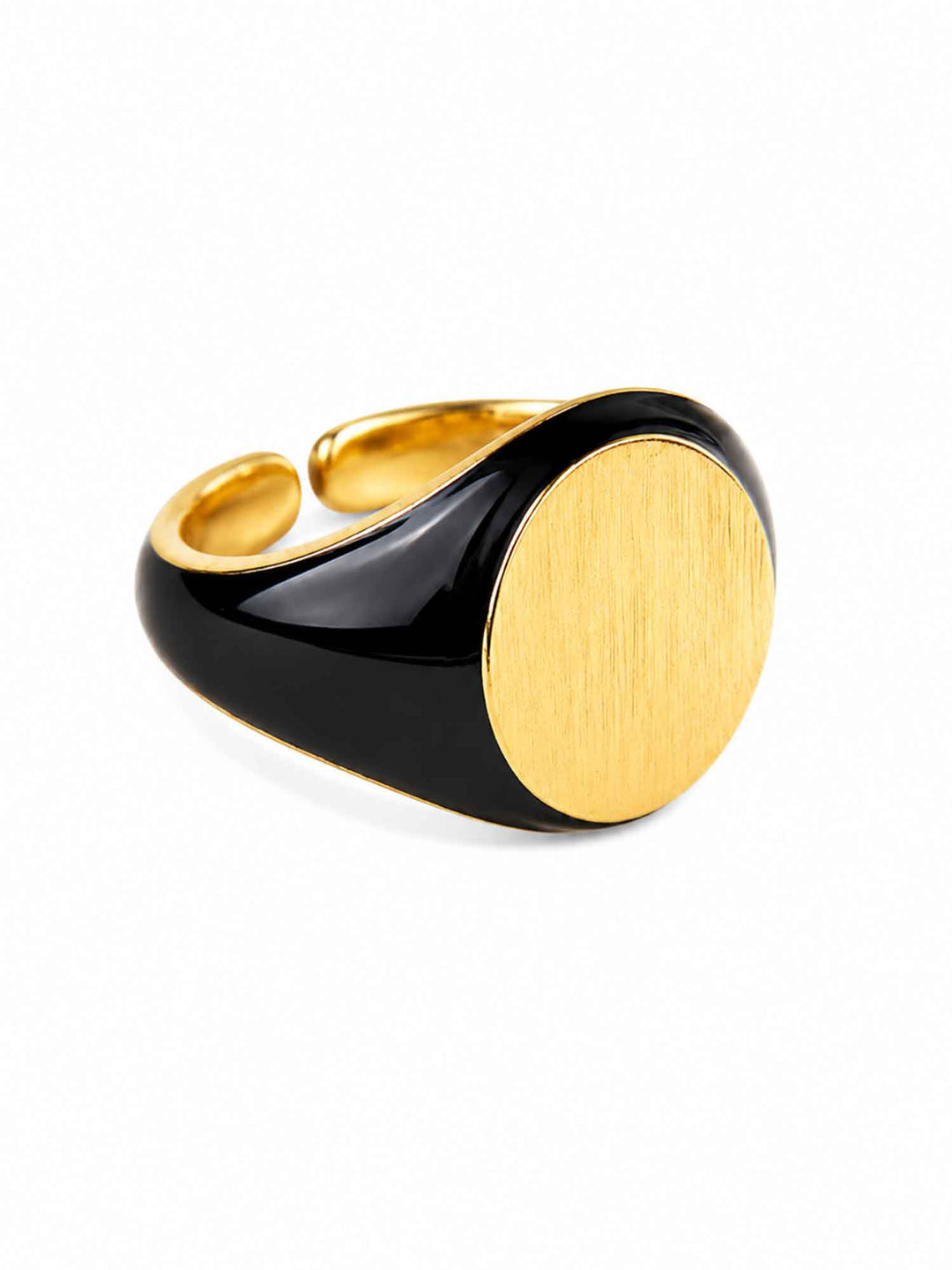 Timara black enamel gold signet ring on white background