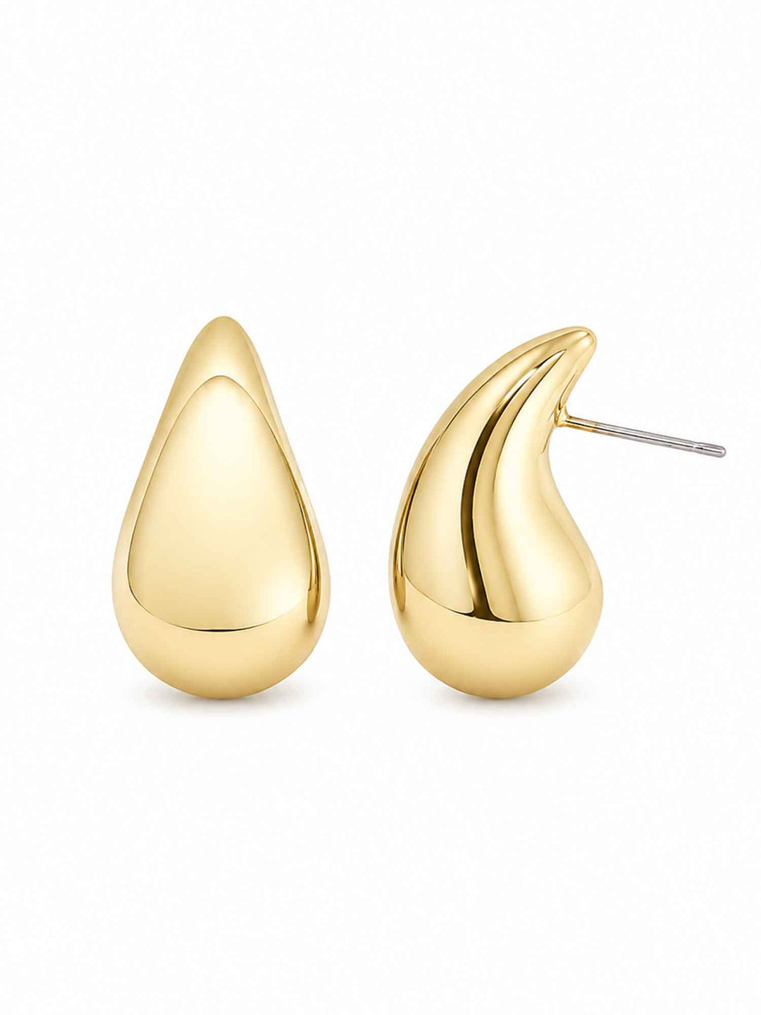 Pair of Titania small gold teardrop earrings on white background