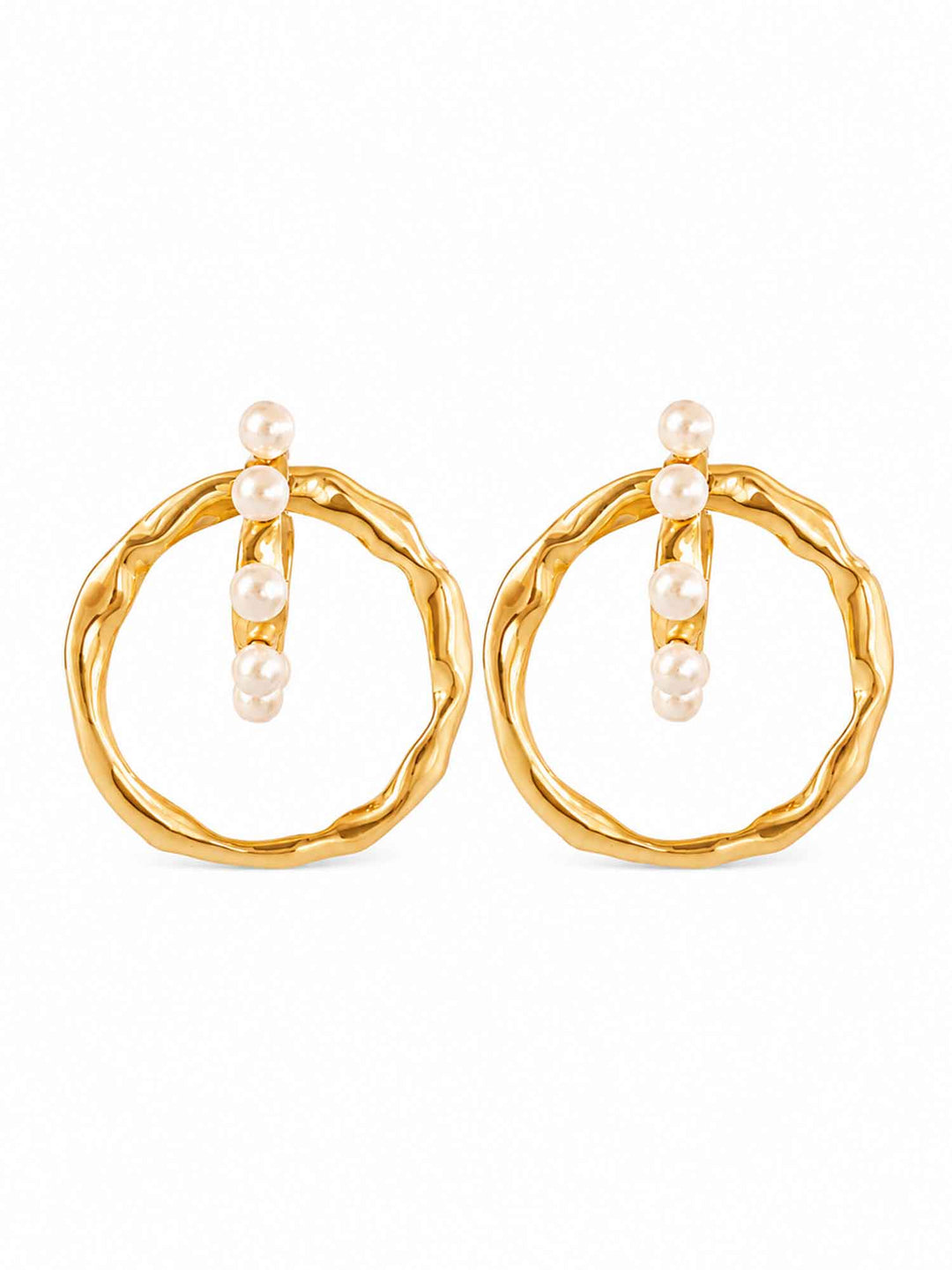 Pair of two-way detachable cotton pearl gold hoop earrings on white background