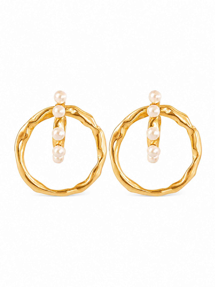 Pair of two-way detachable cotton pearl gold hoop earrings on white background
