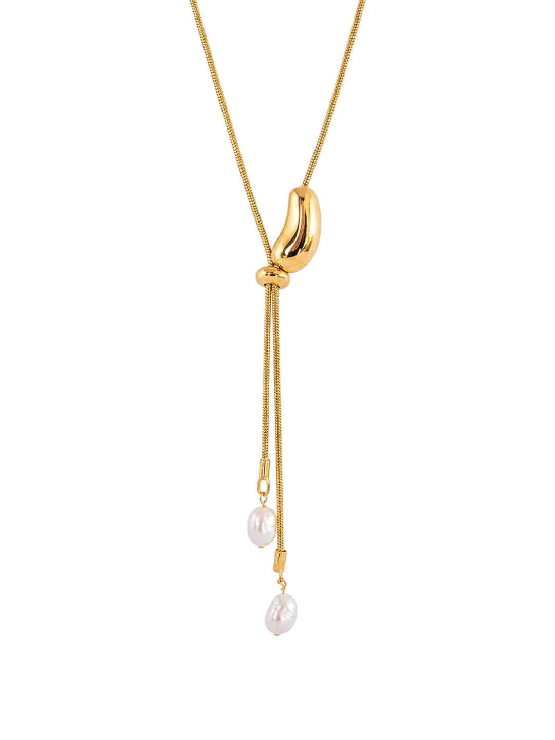 Vera freshwater pearl gold lariat necklace on white background