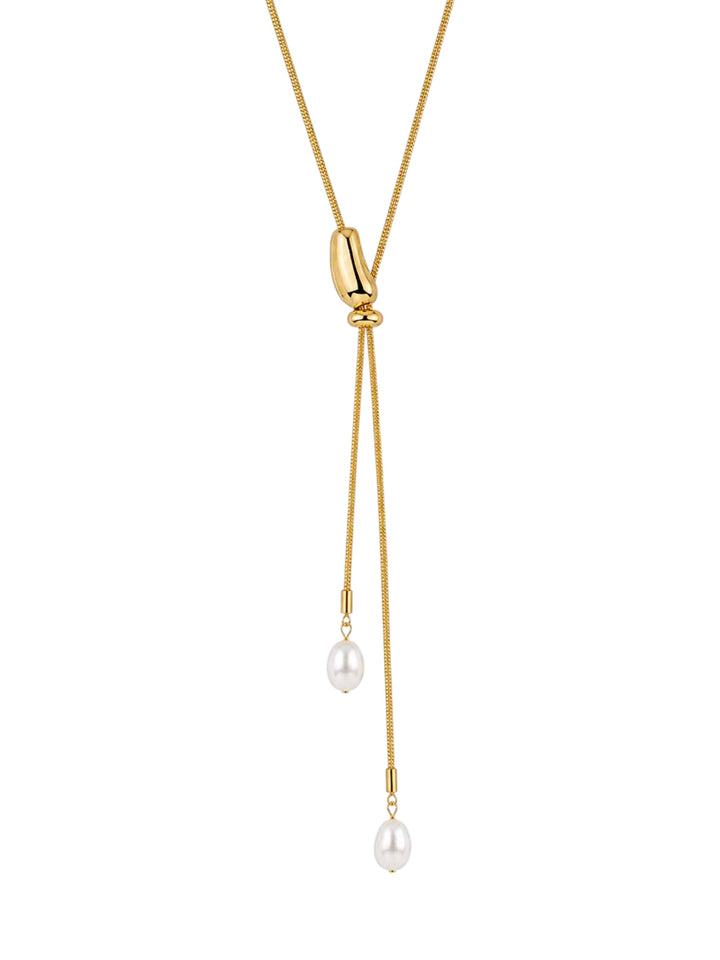 Full view of Vera freshwater pearl gold lariat necklace with adjustable drop design