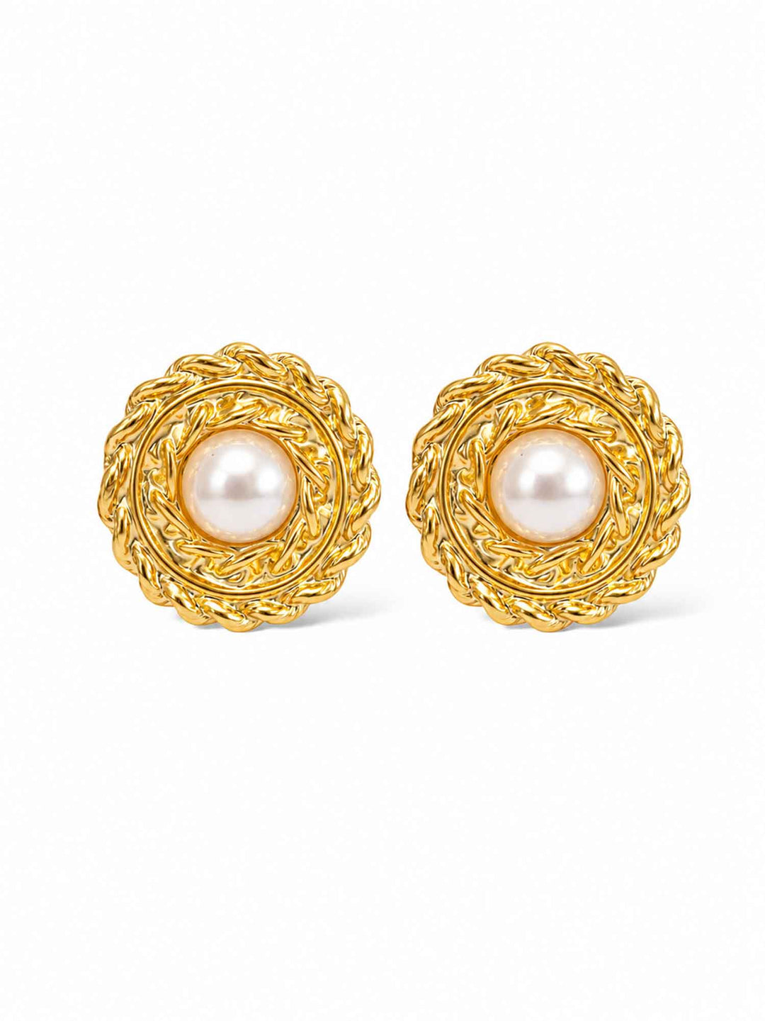 Pair of vintage-inspired floral pearl gold stud earrings on white background
