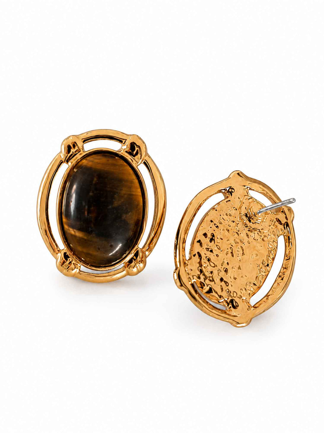 Back view of vintage-inspired tiger eye stone gold stud earrings with surgical-steel posts