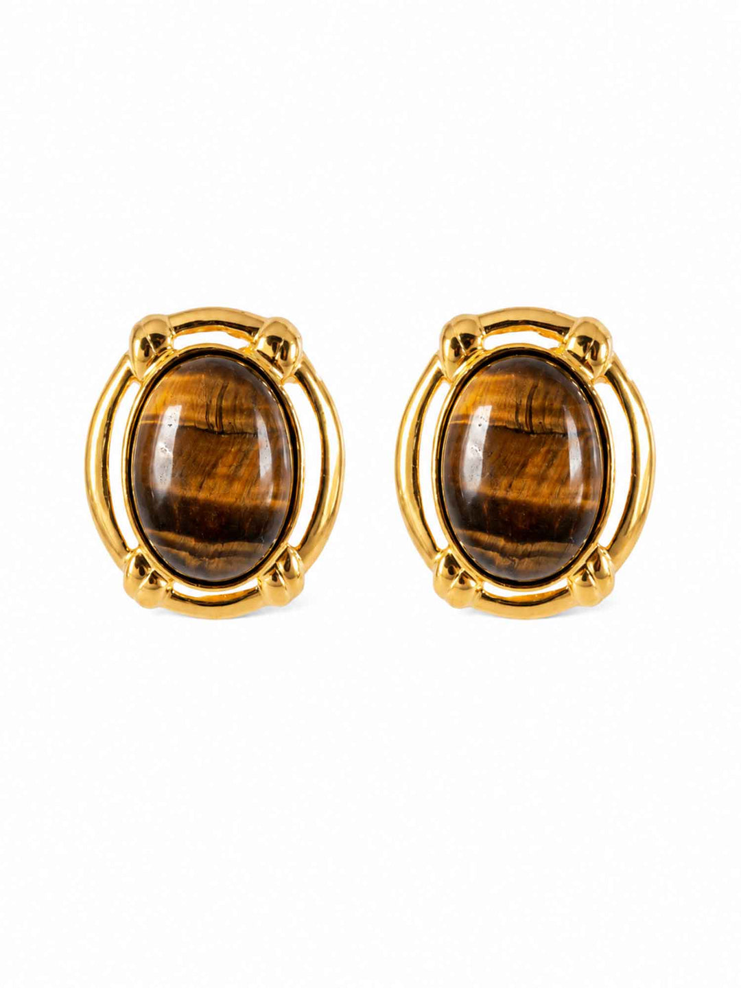 Pair of vintage-inspired tiger eye stone gold stud earrings on white background