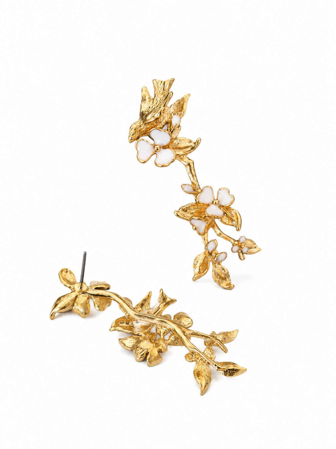 Back view of white floral bird gold drop earrings with floral and bird details